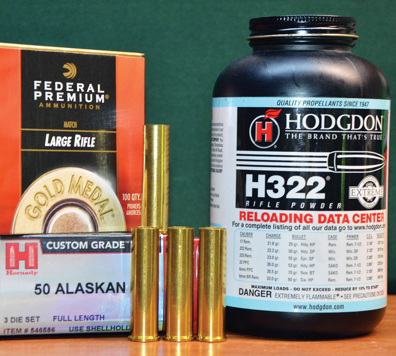 The 50 Alaskan cases made by Starline are top-drawer in quality. The Federal 210 primer does a good job of igniting H-322 and other relatively quick-burn rifle powders suitable for use in the cartridge. Reloading dies made by Hornady are usually available at Graf & Sons.